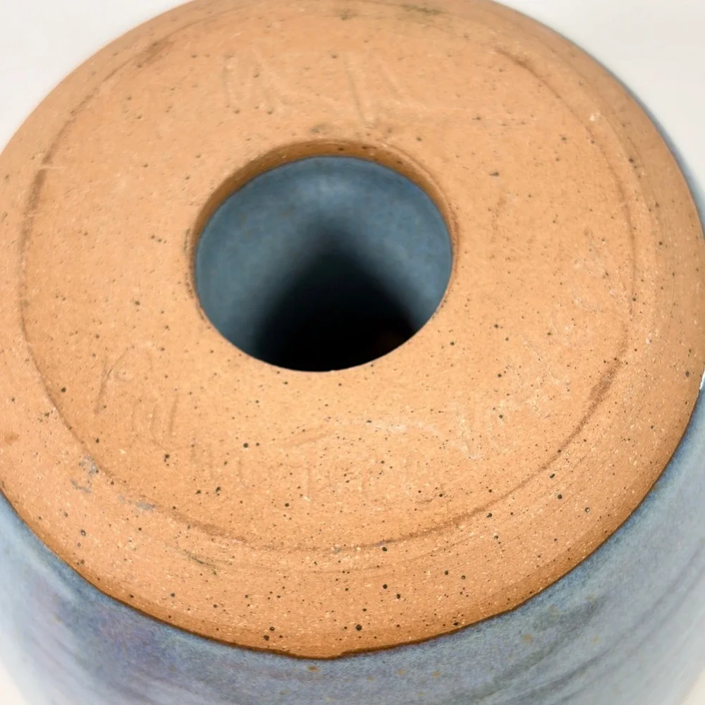Studio Pottery Blue Glazed Apple Baker Signed Handcrafted Stoneware Bakeware